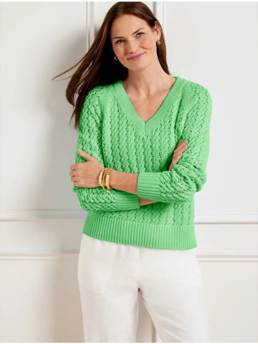 Talbots Green Knit Sweater Medium Petite Long Sleeve